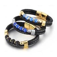 gemstone layered braided leather bracelets for men link chain strand magnetic clasp wrist band rope cuff bangle with gift box