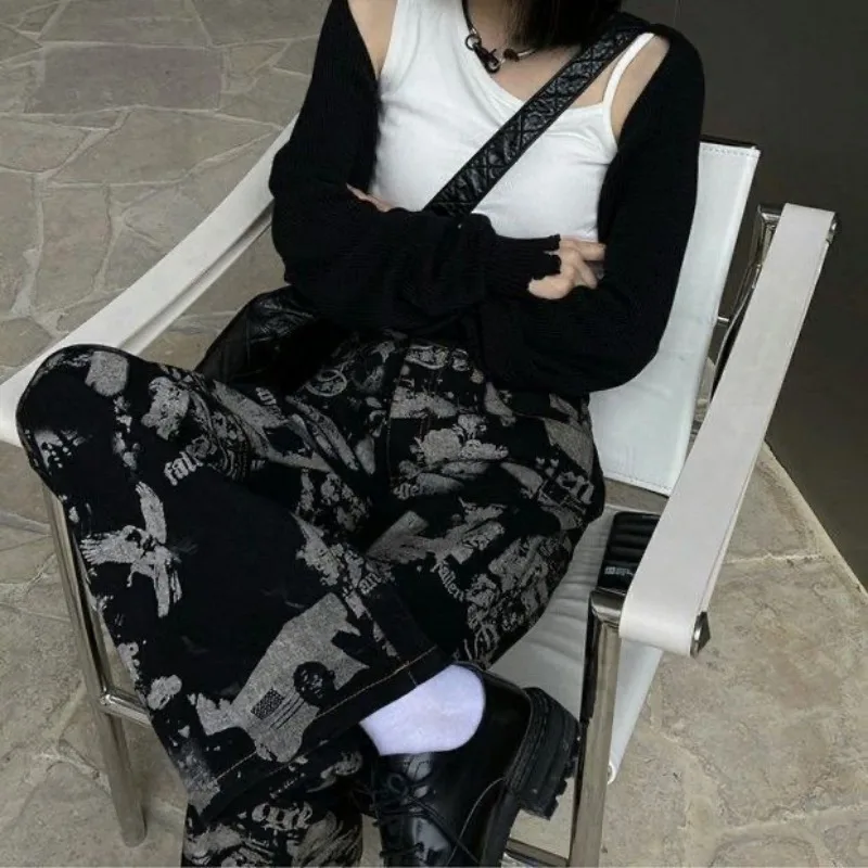 Deeptown Cyber Y2k Streetwear Jeans Women Denim Grunge Vintage Wide Leg Pants Gothic Gyaru Hippie Oversized High Waist Trousers