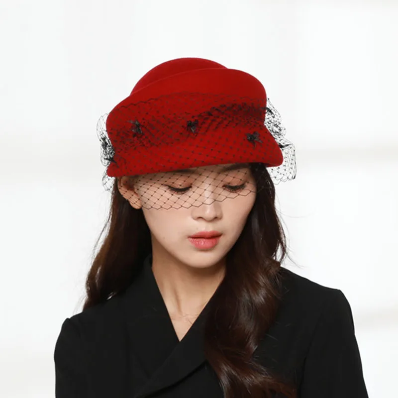 

Winter Beret Hats For Women Fashion Veil Wool Fedoras Elegant Fascinators Red Wedding Hat Ladies Felt Hat Church Pillbox Hat