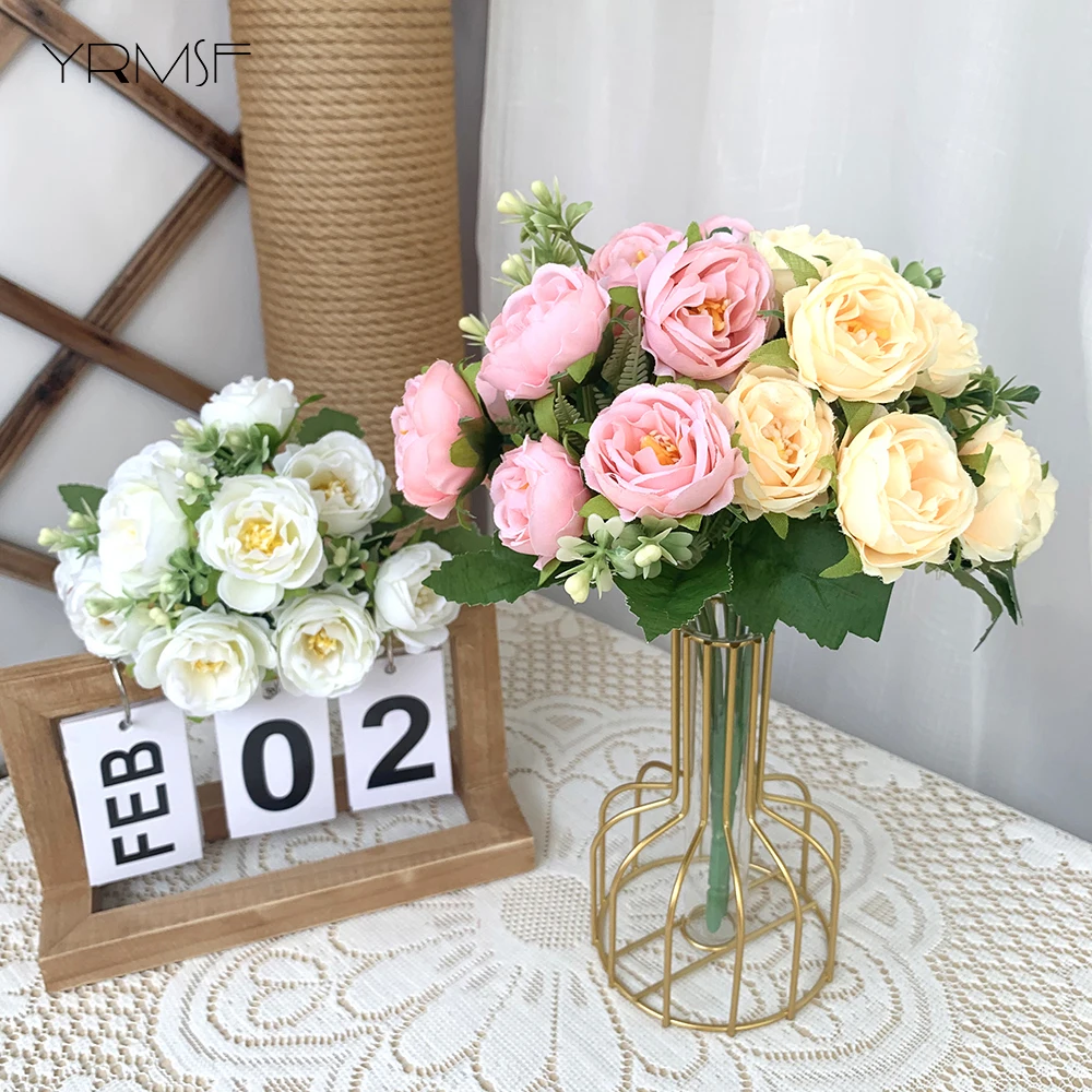 Искусственные цветы 10 бутонов пионов розовые и белые шелковые розы букет невесты