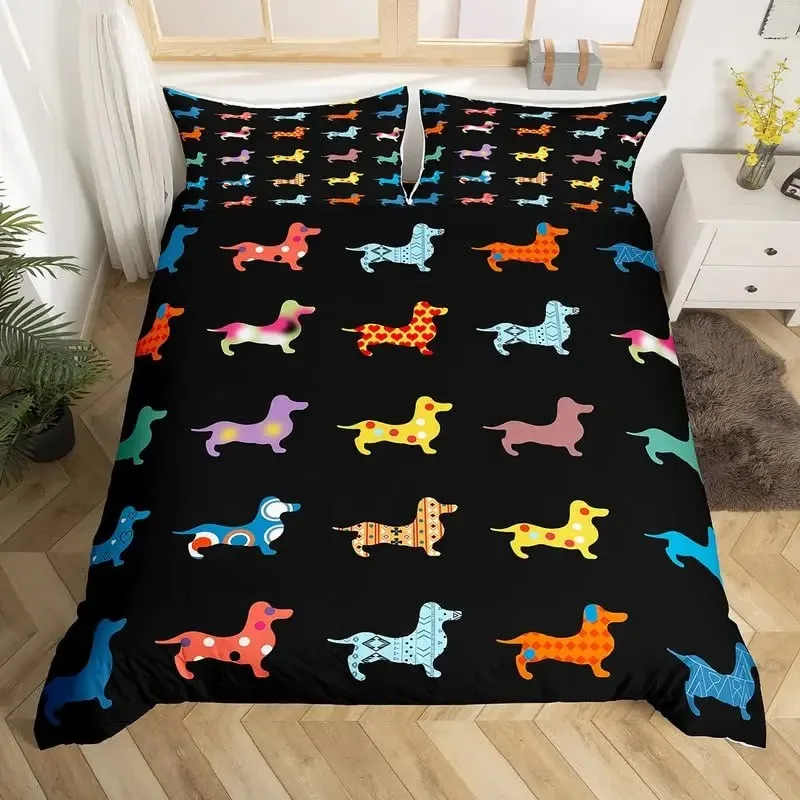 Sausage Dog King Queen Duvet Cover Floral Dachshund Bedding Set Cartoon Puppy Animal Comforter olyester Quilt