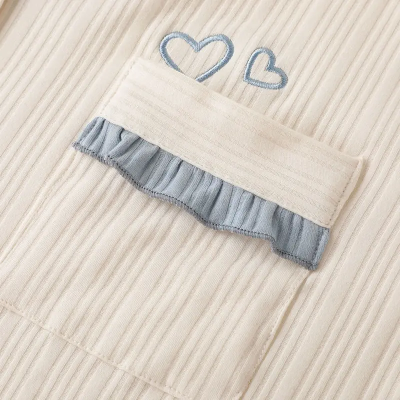 QWEEK Pajamas for Women Cotton Solid Color Heart Embroidery Pijamas Lapel Ruffle Sleeves Sleepwear Home Clothes Pyjamas Pocket