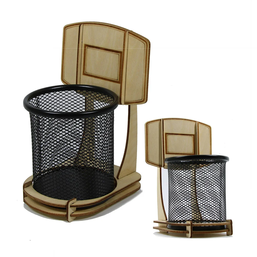 Pen Holder Cup Metal Desk Basketball Stand Container Wooden Mesh Decorative Organizer Detachable Pot Office Cups