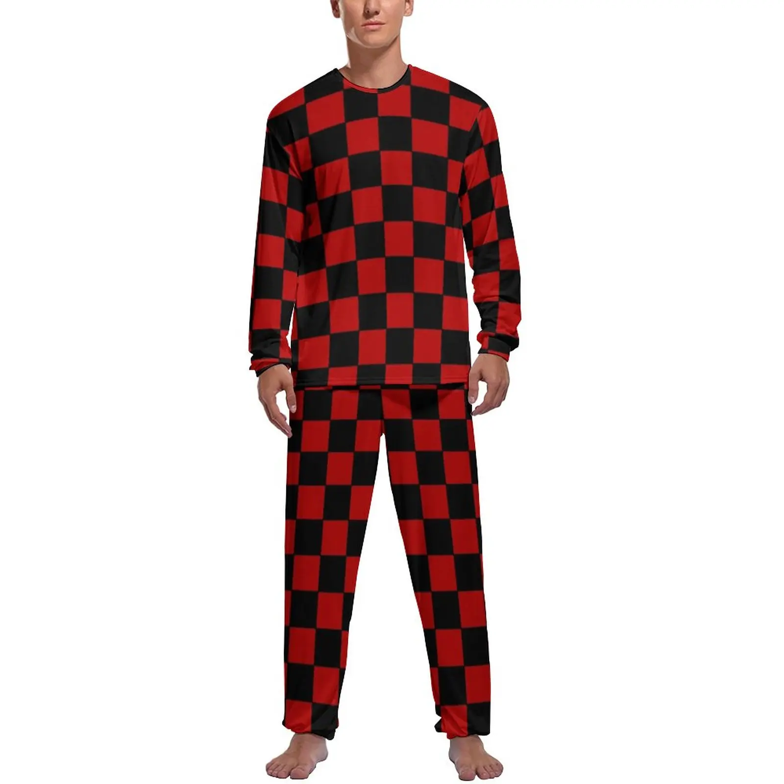 

Retro Checkerboard Pajamas Long-Sleeve Checkers Black and Red 2 Piece Casual Pajama Sets Winter Men Graphic Trendy Nightwear