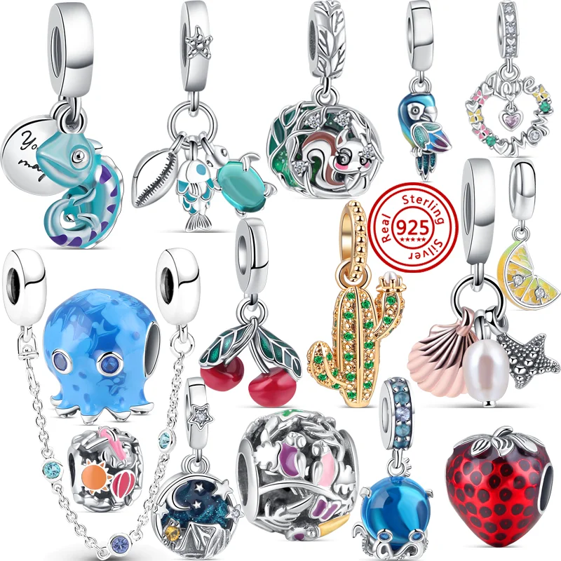 

Fit Original Pandora Charms Bracelet Jewelry 925 Silver Murano Blue Glass Octopus Parrot Chameleon Cactus Pendant Delicate Beads