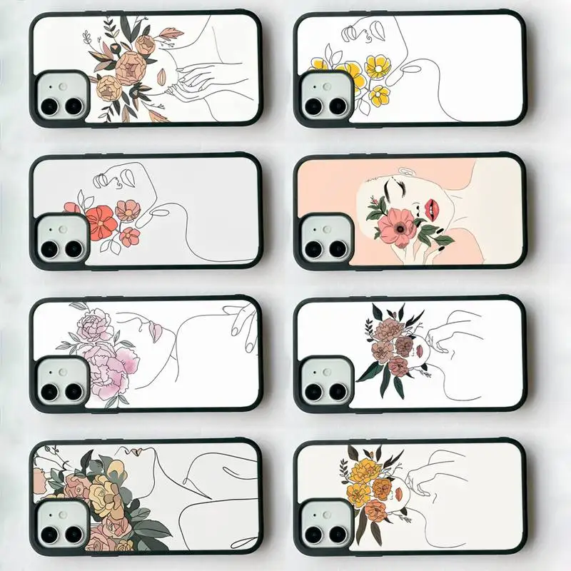 

Line Sketch Flower Girl Protection Phone Case Silicone PC+TPU Case for iPhone 11 12 13 Pro Max 8 7 6 Plus X SE XR Hard Fundas