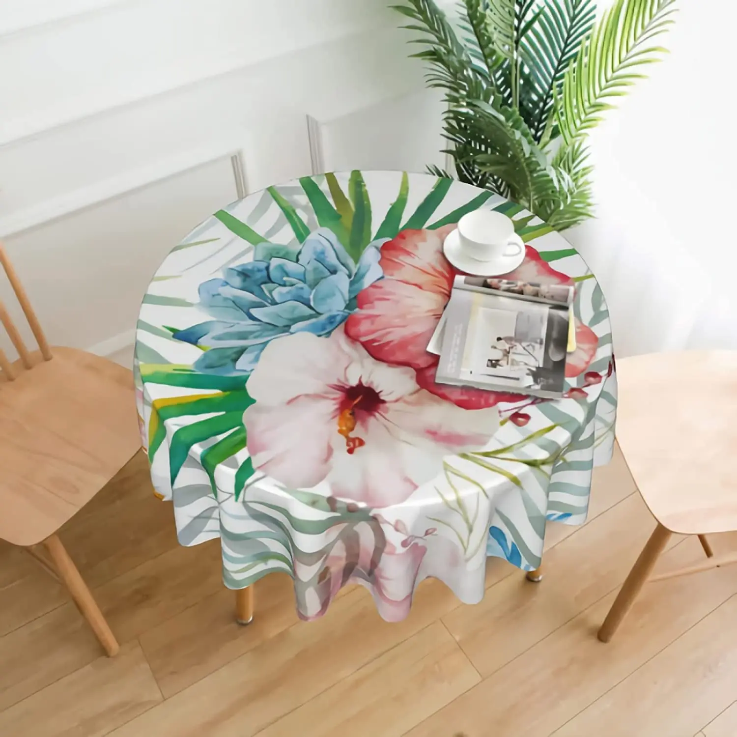 

Watercolor Hibiscus Floral Tablecloth Washable Tropical Palm Leaves Round Tablecloths Circular Table Cover Cloths