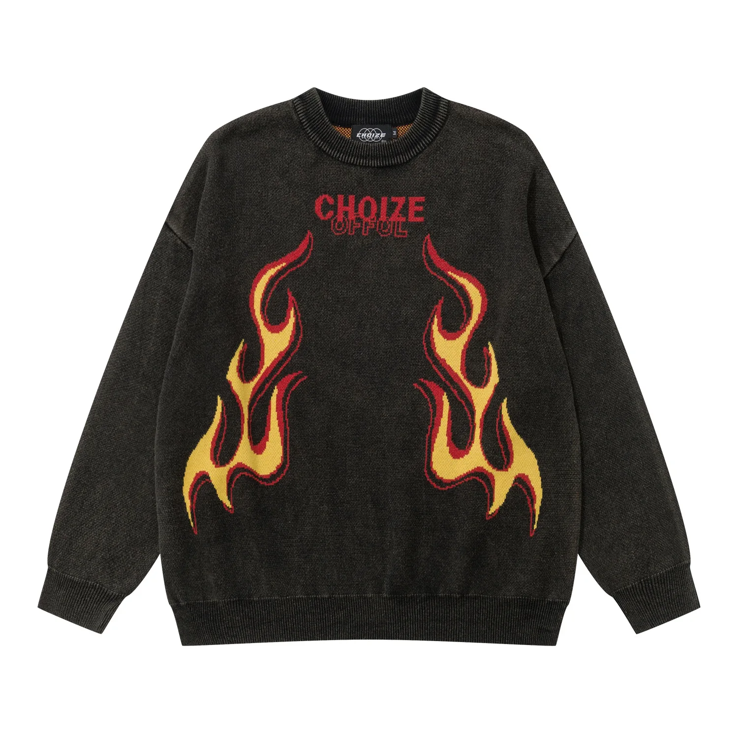 

American trendy brand retro creative flame letter vintage sweater knit couple top streetwear men Trendy Coat Korean Fashion