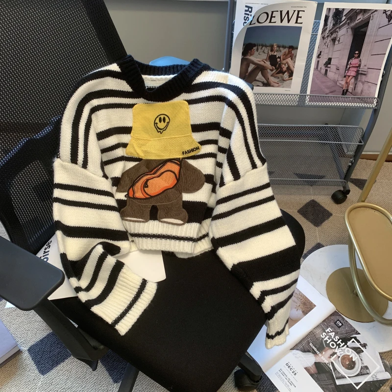 

Милые пуловеры в полоску с героями мультфильмов, новинка на весну, осень и зиму, модные повседневные милые свободные укороченные свитера для девочек, женские прямые поставки