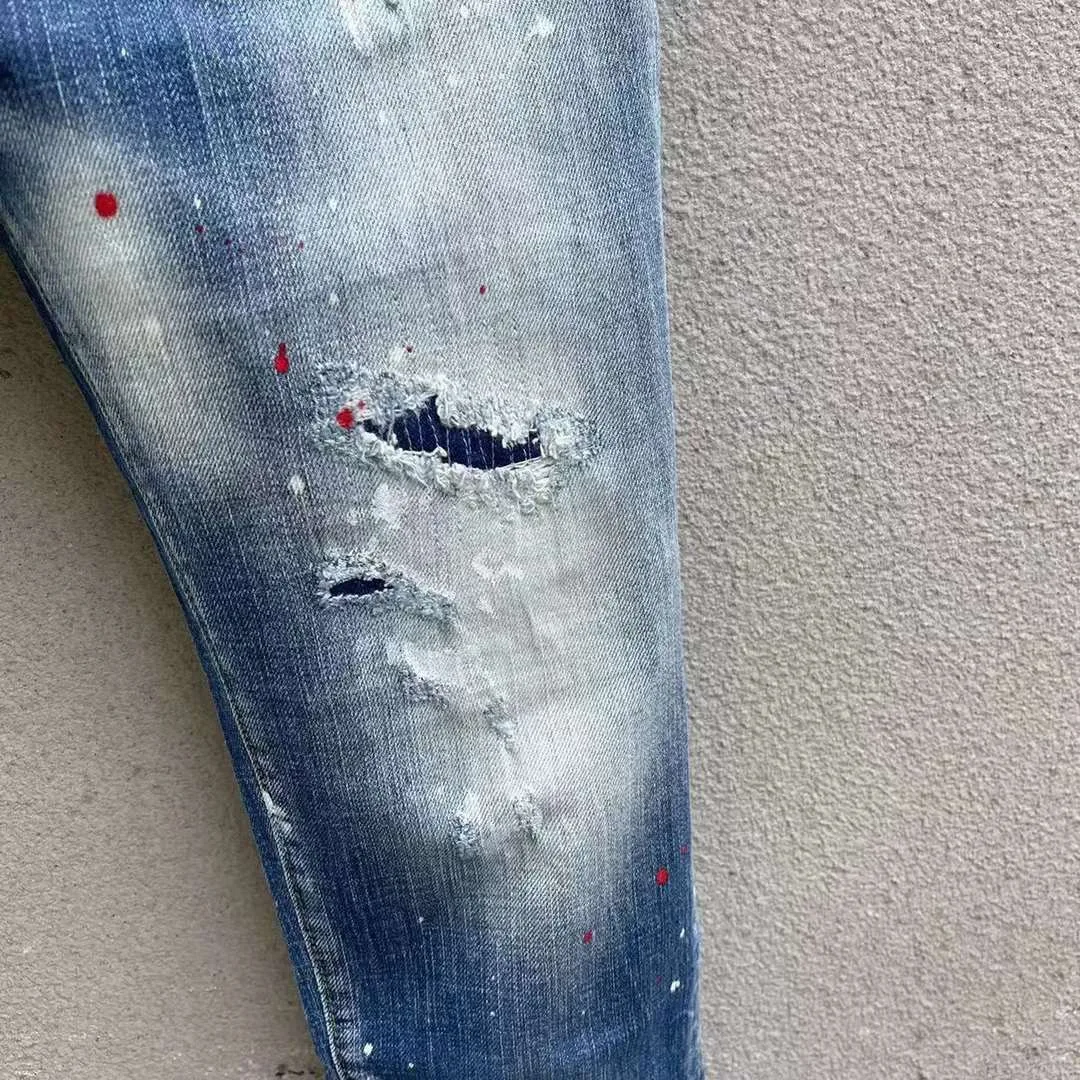 2023 Spring/Summer New D2 Jeans Fashion Men's Water Wash Worn Hole Patch Patch Printed Letter Slim Fit Blue Jeans Men