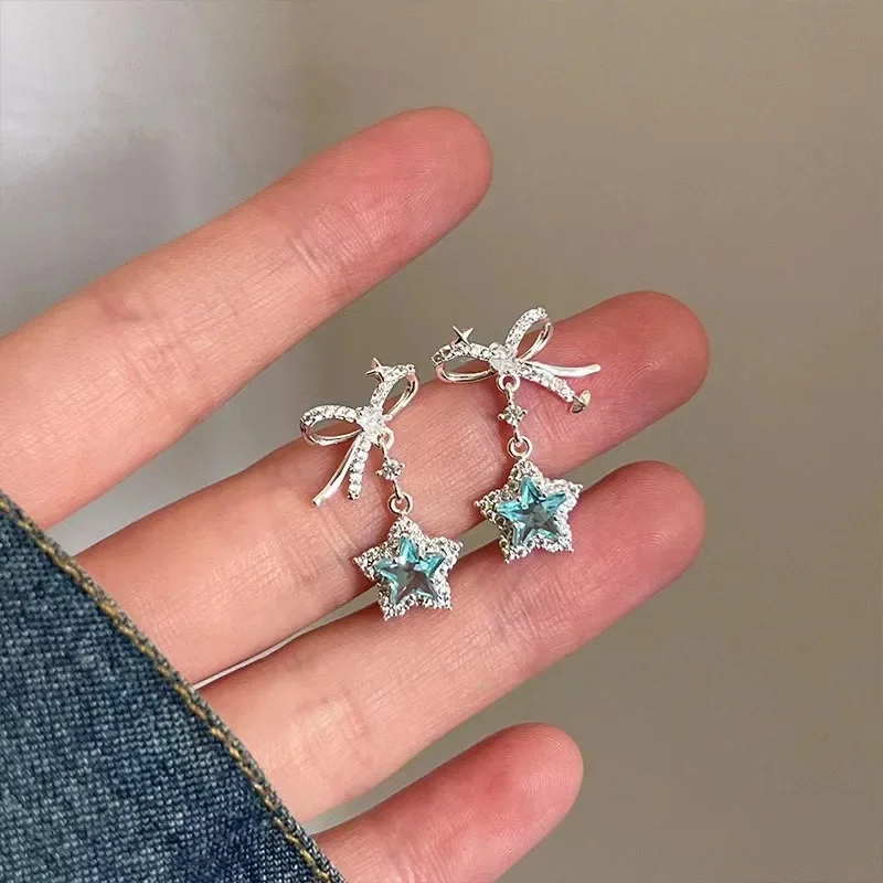 Женские роскошные серьги Звездное небо полные бриллиантов синие звезды легкие