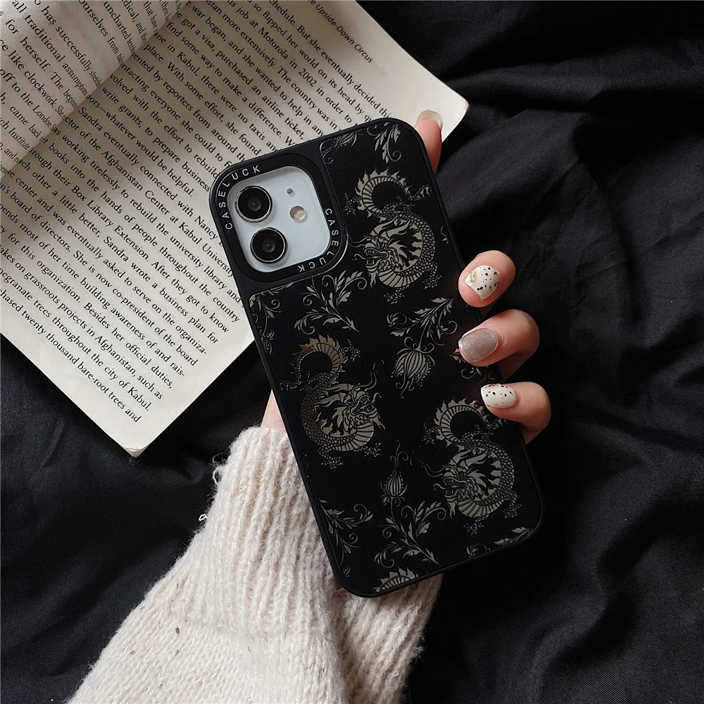 Зеркальный чехол с рельефным черным драконом для iPhone 13 Mini 12 11 Pro Max X XS MAX XR 7 8 Plus SE