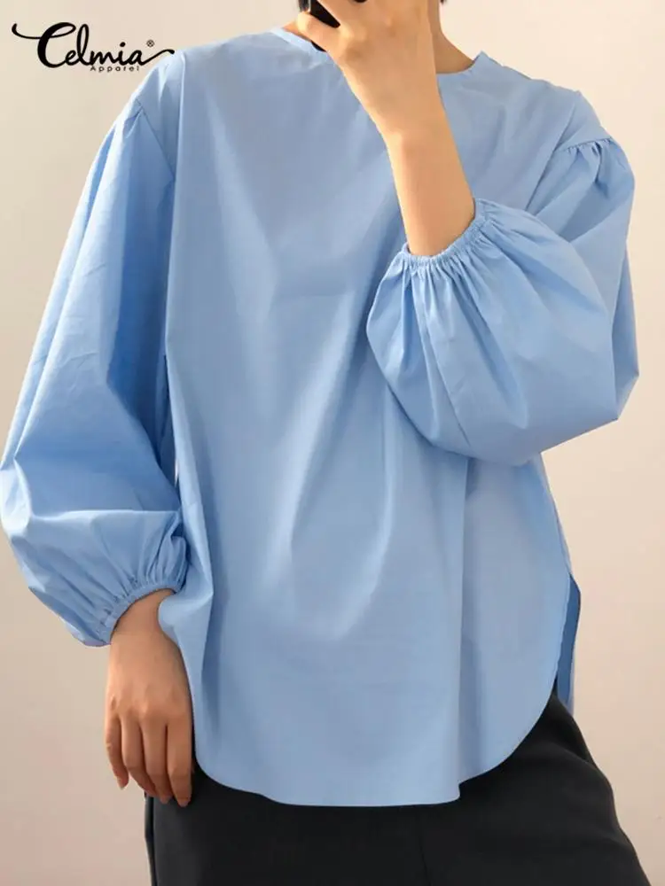 

Блузка Celmia Женская с длинным пышным рукавом и круглым вырезом, однотонная Элегантная модная офисная Повседневная Свободная базовая одежда,...
