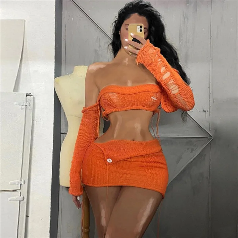 

2023 Sexy Strapless Navel Perspective High Waist Tassel Irregular Dress Set 2 Piece Short Sets Dresses Summer Outfits For Women