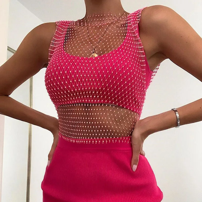 Сексуальная сетчатая укороченная майка со стразами женская летняя накидка