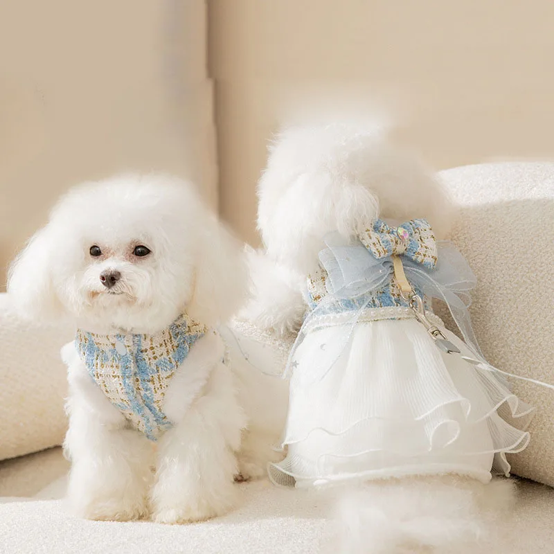 

Fashion Dress for Small Dogs Winter Patchwork Tutu Skirt Puppy Pets Breasted Two-Legged Princess Clothes with Traction Cats