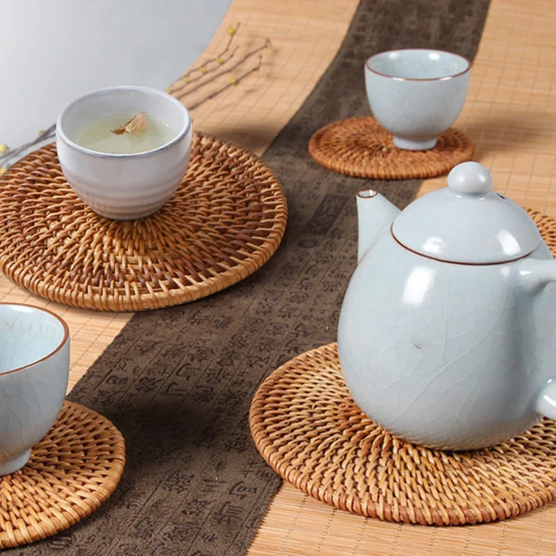 

Rattan Natural Handmade Weave Round Coaster Pad Heat Insulation Placemat Coffee Tea Set Placemats Anti-Skidding Home Table Decor
