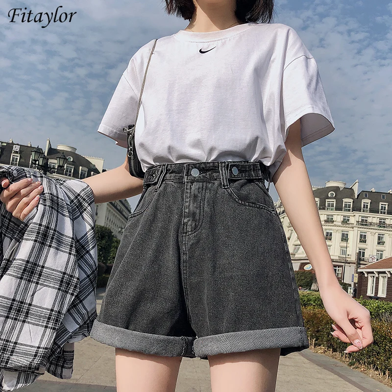 

2022 New Summer Women High Waist Button Wigh Leg Jeans Shorts Casual Female Loose Fit Blue Denim Shorts