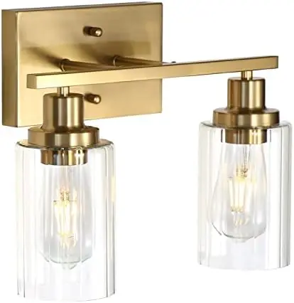 

Gold Bathroom Light Fixtures, 5 Light Brushed Gold Bathroom Vanity Lights with Clear Grooved Glass Shade, Modern Gold Bathroom L