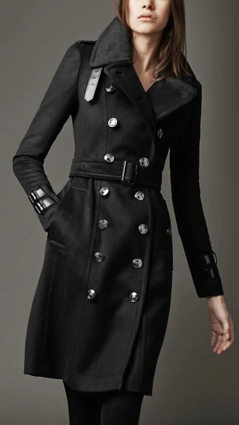 New Women Genuine Leather Jacket Black Woolen Long Trench Coat Fashion Outwear