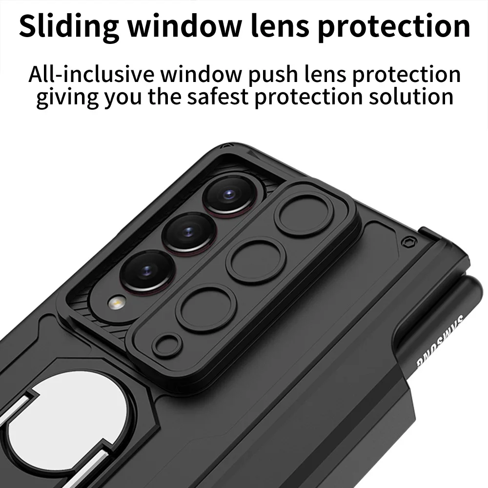 For Samsung Galaxy Z Fold 3 5G Case Magnetic Hinge Slide Lens Finger Bracket Pen Slot Holder Shockproof Cover With Tempered Film