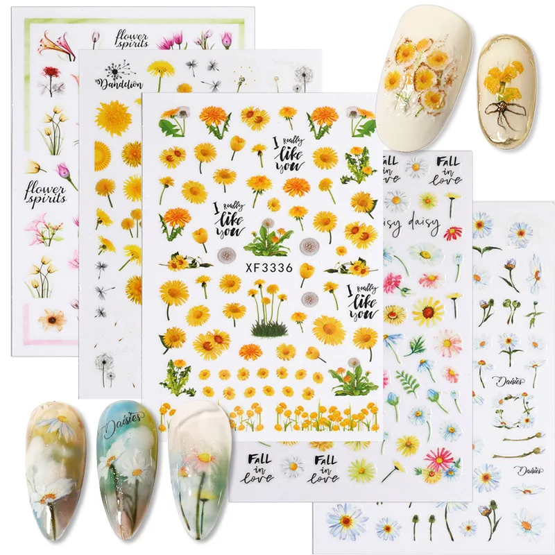 

Наклейки для ногтей подсолнухи Хризантемы Подсолнухи маленькие свежие акварельные цветочные наклейки Клейкие украшения для дизайна ногте...