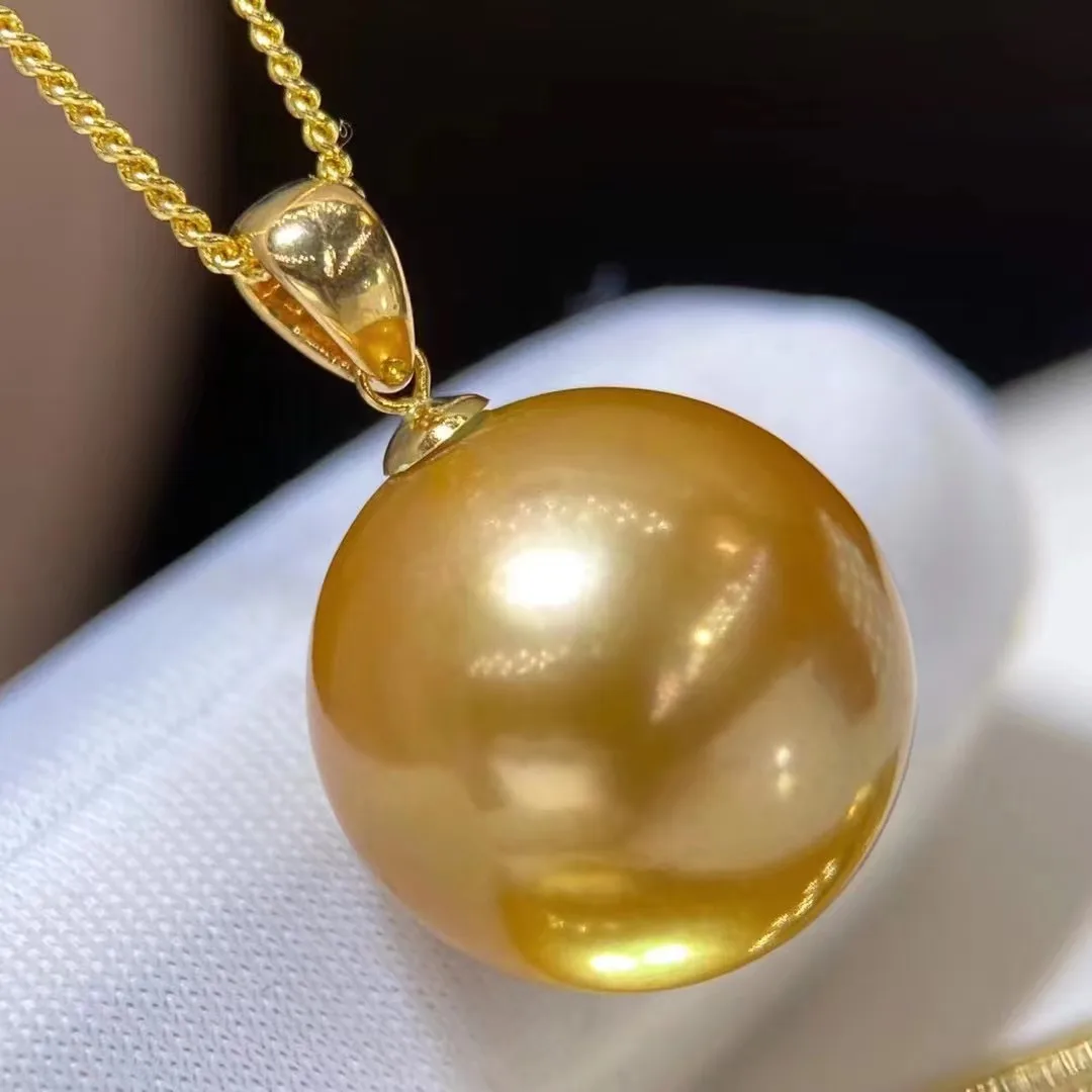 DLD Pearl Pendant Fine Jewelry Solid 18K Gold Fresh Water Golden Pearls 12-13mm Pendants Necklaces for Women Gifts