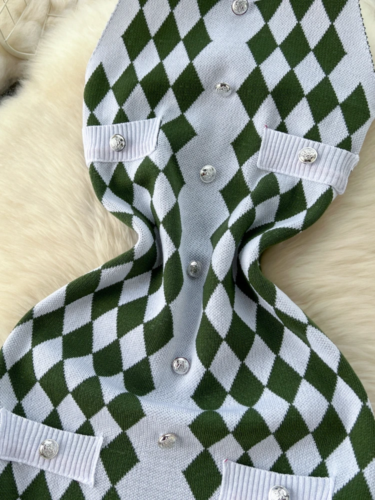 Foamlina женское элегантное клетчатое вязаное длинное платье винтажное облегающее