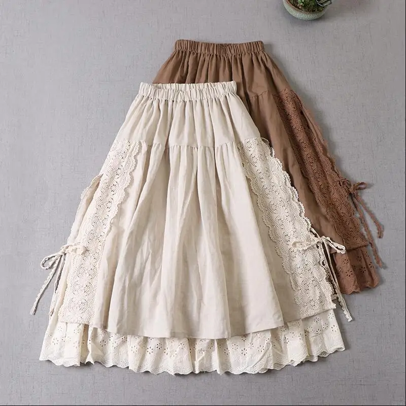 

Sweet Japan style Mori Long Skirts Women Girl's Lace Bandage Stitched Linen Skirt Fairy Lolita Layers Princess Skirt w334