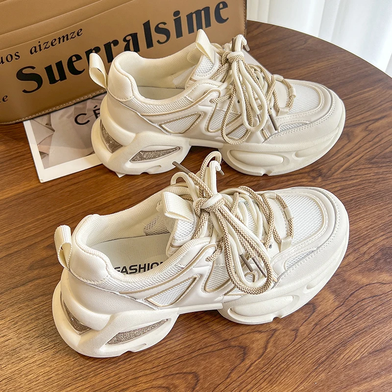 Women's 2023 Flat Platform Sneakers Leather Non-Slip Thick Soled Running Trainers Shoes Women's Sports Daddy Shoes Tennis Female