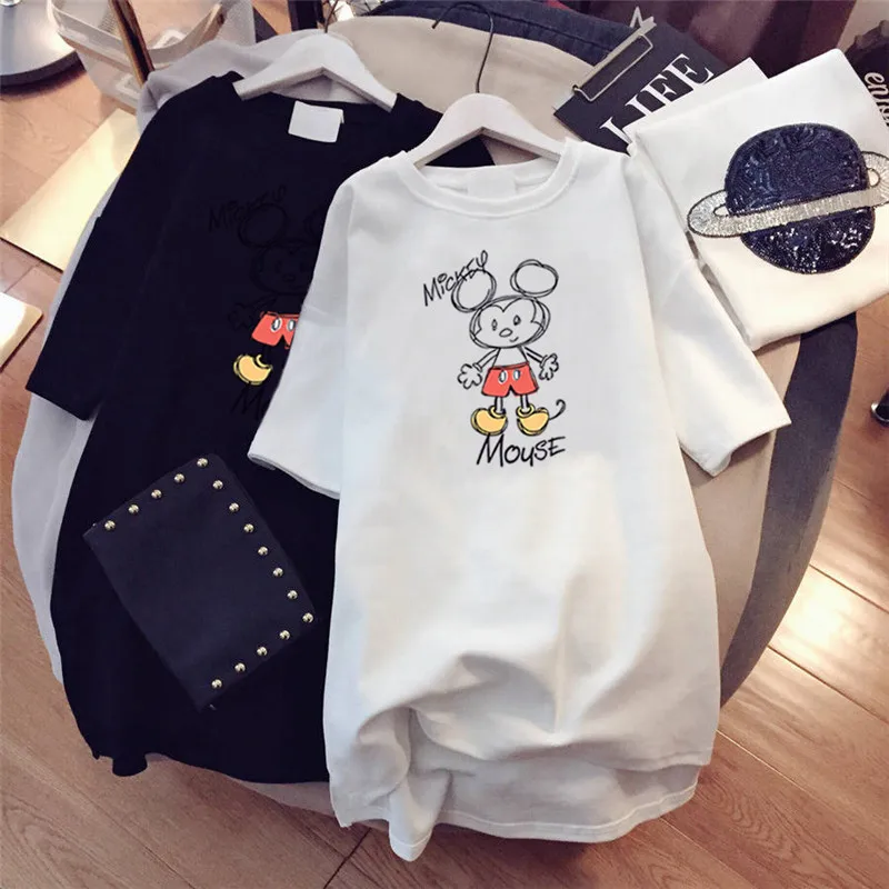 

Футболка женская с короткими рукавами, модный тонкий свободный топ с мультяшным рисунком Микки Мауса из Диснея, большие размеры, на лето