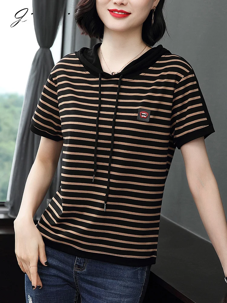 Футболка с капюшоном и коротким рукавом Женский Топ из чистого хлопка в полоску