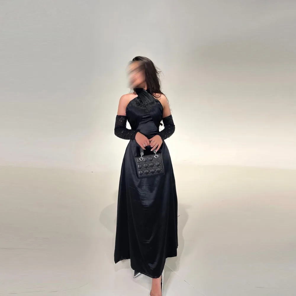 

Merida Elegant Party Dresses For Women 2023 Halter Empire Ankle-Length Satin With Sequins Lace OverSleeve A-Line Black Dress