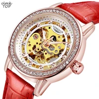 women automatic mechanical watch hollow skeleton female wristwatch diamond rhinestone high quality genuine leather band watch