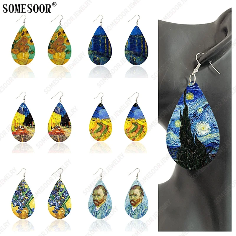 

SOMESOOR Van Gogh Arts Painting Tear Drop Wooden Earrings Jewelry For Women Gifts Starry Sky Sunflower Design Vintage Ear Dangle