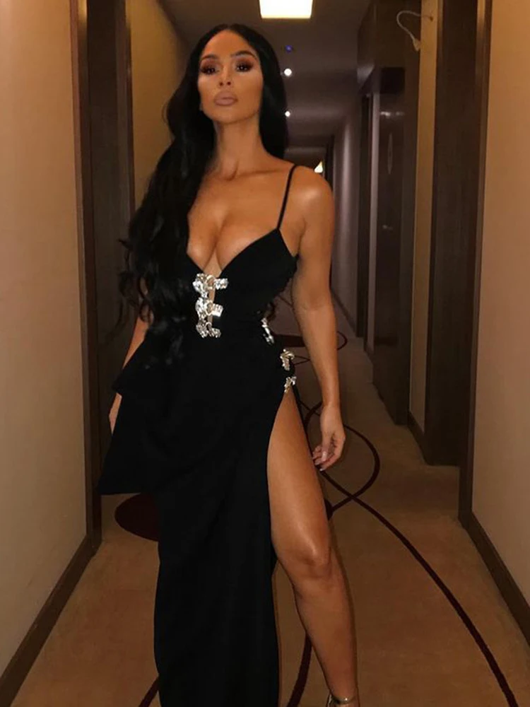 

Женское Бандажное платье на бретелях, черное облегающее платье с V-образным вырезом и кристаллами, длинное платье с разрезом в стиле Звезд, д...