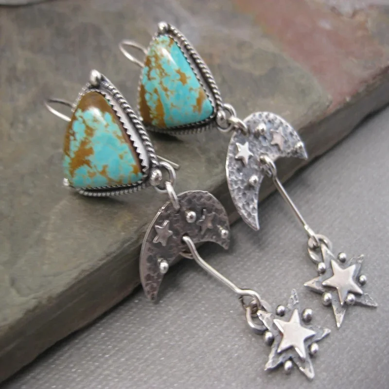 

Vintage Triangular Green Stone Hook Earrings for Women Ethnic Silver Color Metal Carving Star Moon Dangle Earrings Jewelry