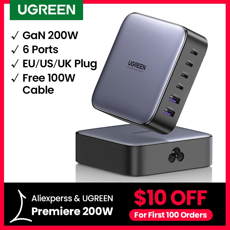 UGREEN 200W GaN Charger Desktop Laptop Fast Charger 6 in 1 Adapter For iPhone 13 12 Pro Max Xiaomi Samsung Tablets Phone Charger