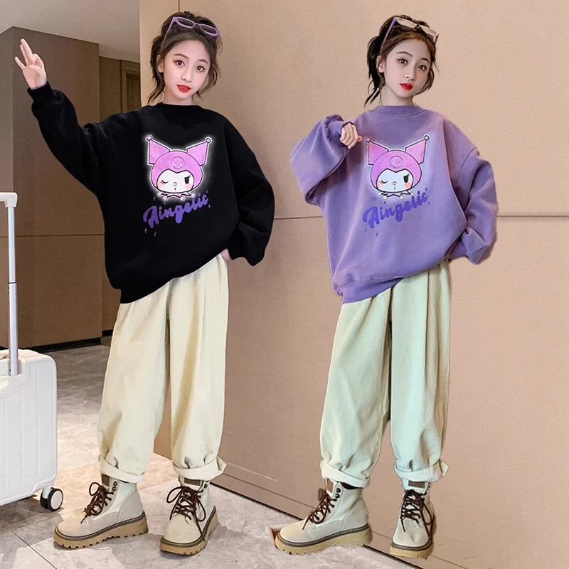 

Sanrio Children Kuromi Plus Velvet Hoodie Anime Autumn Winter Middle-Aged and Older Children Leisure Sportswear Kids Girl Kawaii