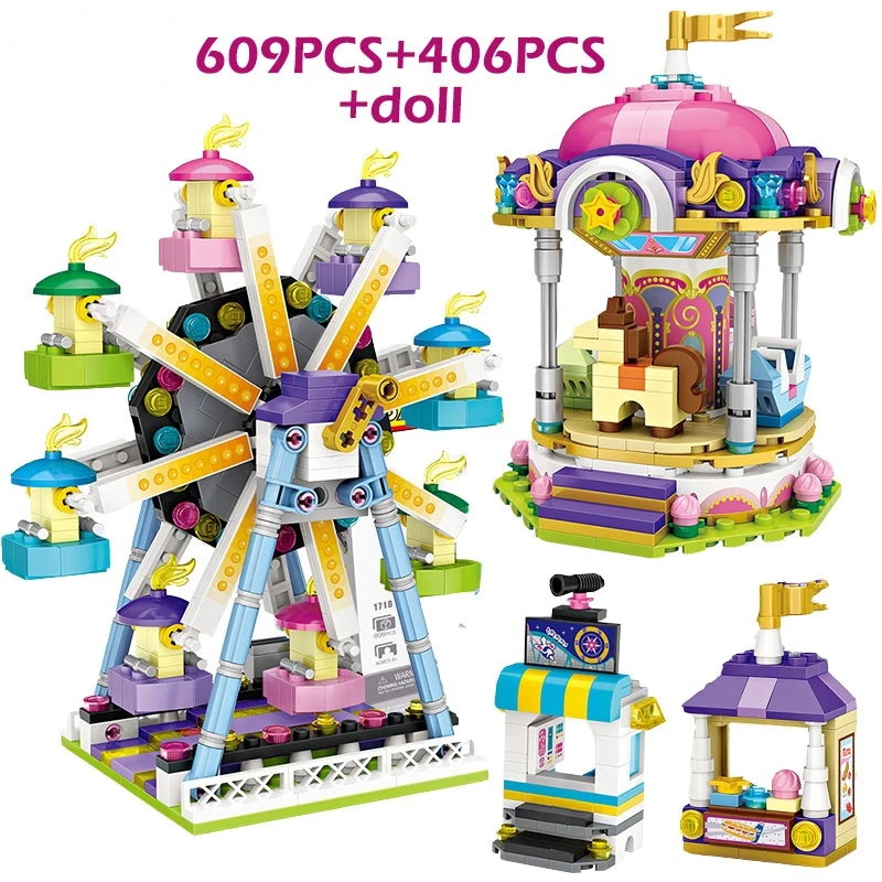 2022 DIY Bricks Toys for Girls Amusement Park Mini Blocks Friends Ferris Wheel Carousel Pirate Ship Building Blocks Child Gifts