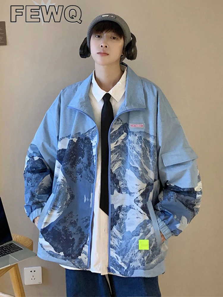 

FEWQ Men's Jackets 2023 Autumn Winter Male Lapel Zipper Contast Color Trend Loose Snow Mountain Digital Printing Jackets 24A511