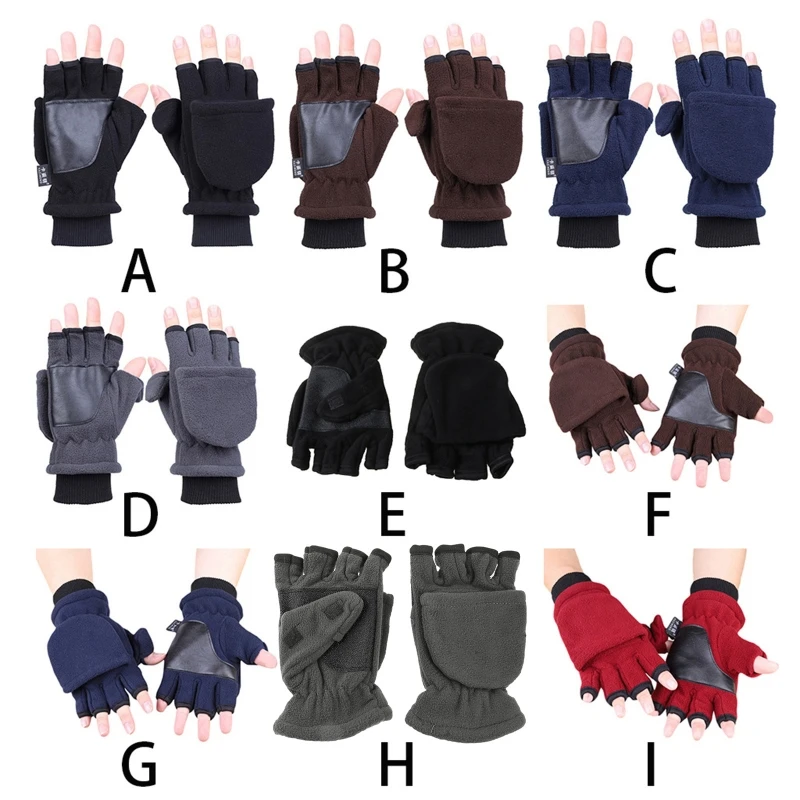 

U90C Women Men Winter Polar Fleece Half Finger Flip Gloves Double Layer Thicken Touch Screen Fingerless Convertible Mittens With
