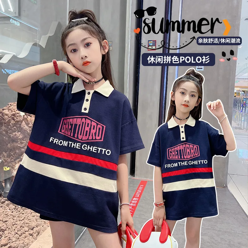 

Girls' mid-length letter printing Polo short-sleeved T-shirt 2022 summer new fashion college style half-sleeve t-shirt