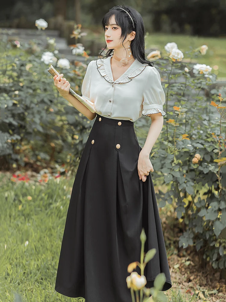 

Limiguyue Black Hepburn Vintage A-line Swing Skirt Woman Elegant Pleated Double Buttons Mid-calf Skirt High Waist Sweet U072