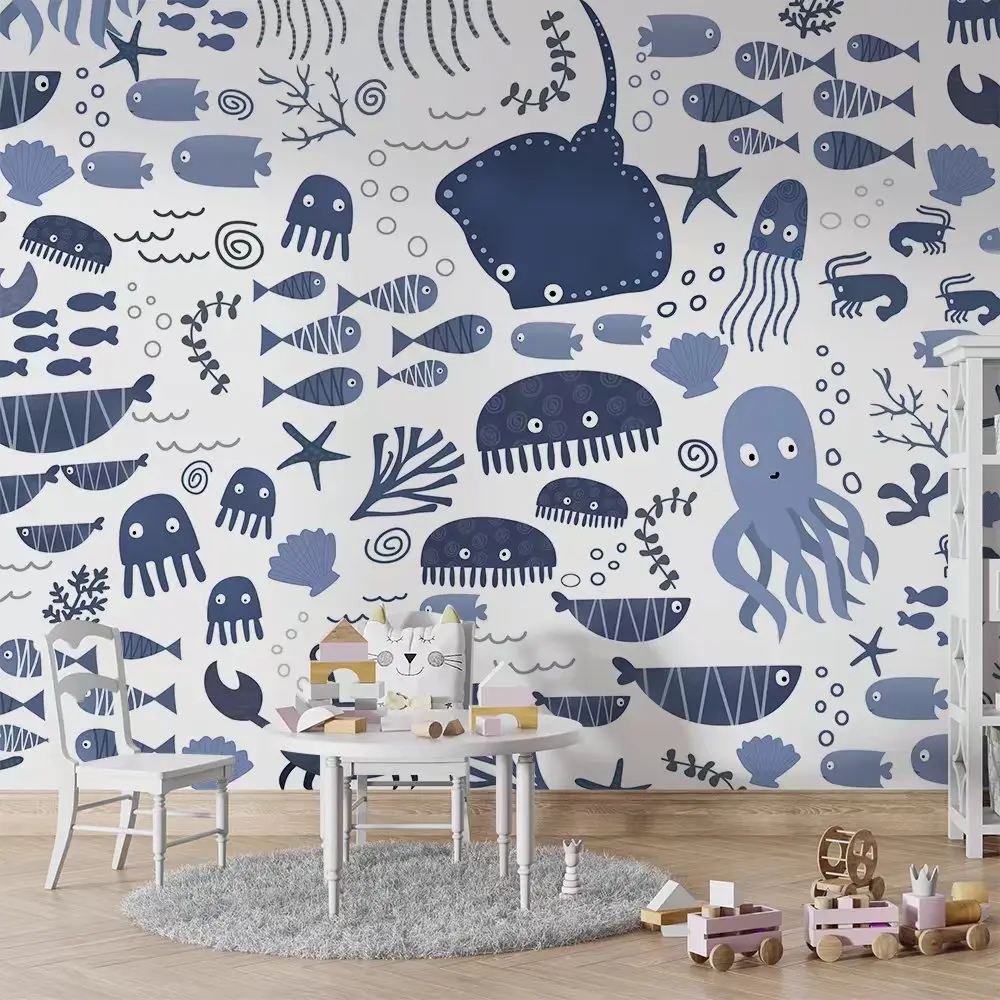 

Bacaz Custom Blue Cartoon Underwater Sea World Animals Nursery Mural Wallpaper 3D for Kids Room Backdrop Children Wall Stickers