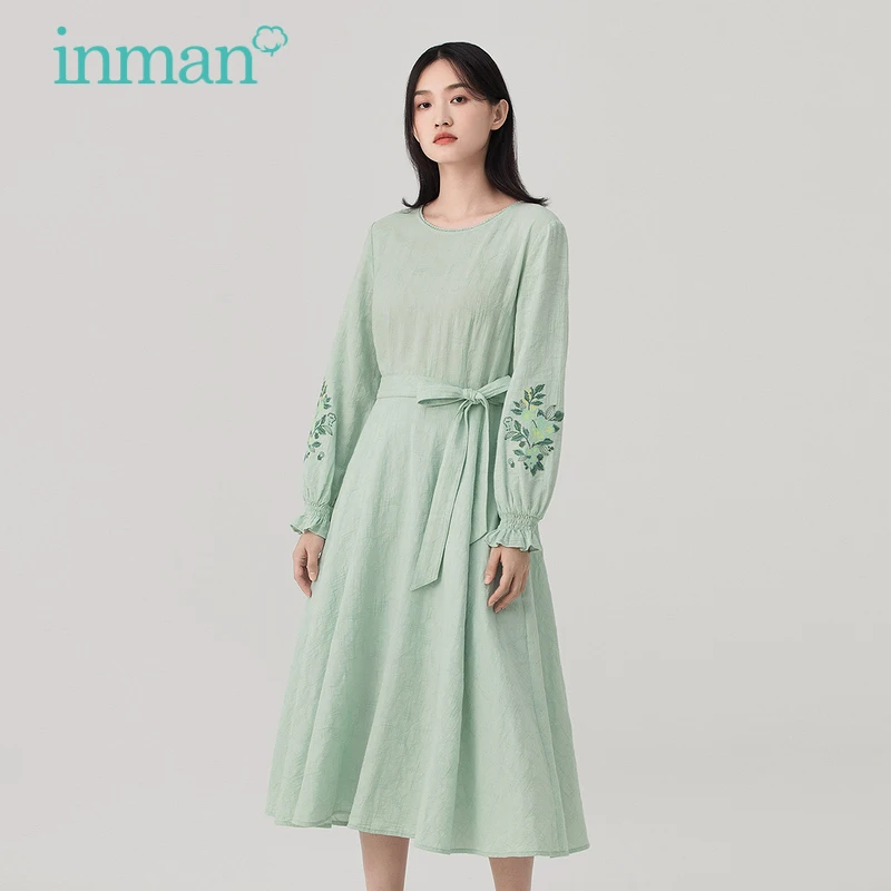 INMAN Spring Autumn Women's Dress Chic Round Collar Retro Floral Embroidery Elegant Dresses For Women 2022 Ruffle Elastic Cuffs