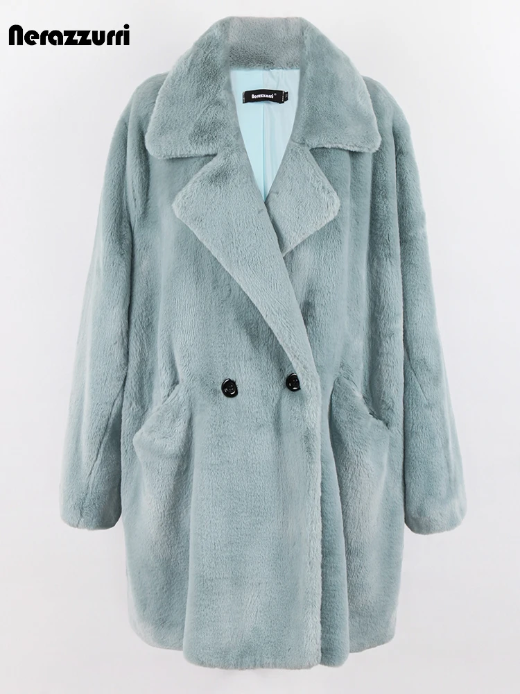 Nerazzurri Autumn Winter Oversized Thick Warm Soft Faux Fur Coat Women Double Breasted Loose Casual Stylish Fluffy Jacket 2022