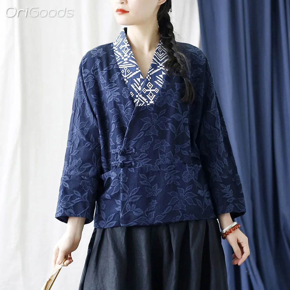 Жаккардовое пальто в национальном стиле OriGoods женское хлопковое короткое на