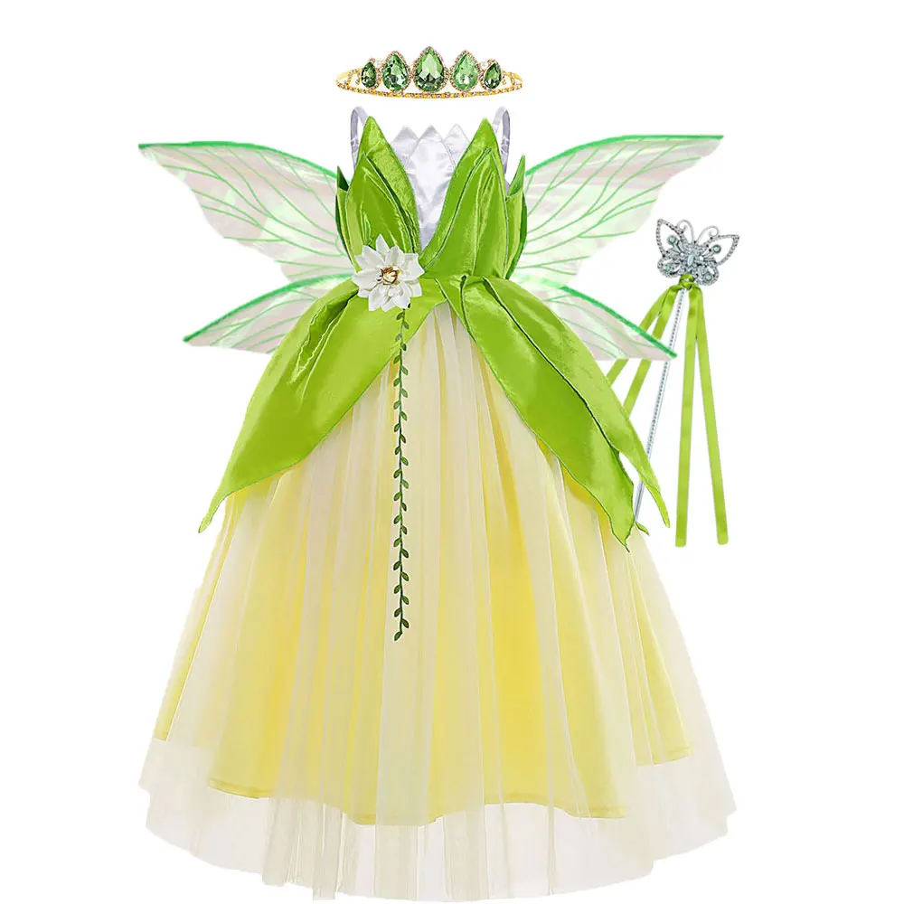 

Carnival Cosplay Baby Girls Party Flower Dress Halloween Frog Tiana Princess Tinker Bell Costumes Fairy Wings