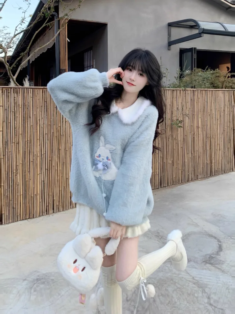 Женский свободный свитер из меха норки голубой вязаный пуловер в японском стиле